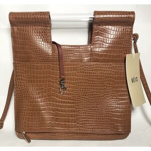 Beis Crossbody Tan Brown Cognac Faux Croc Crossbody Purse Bag With Trolly Sleeve